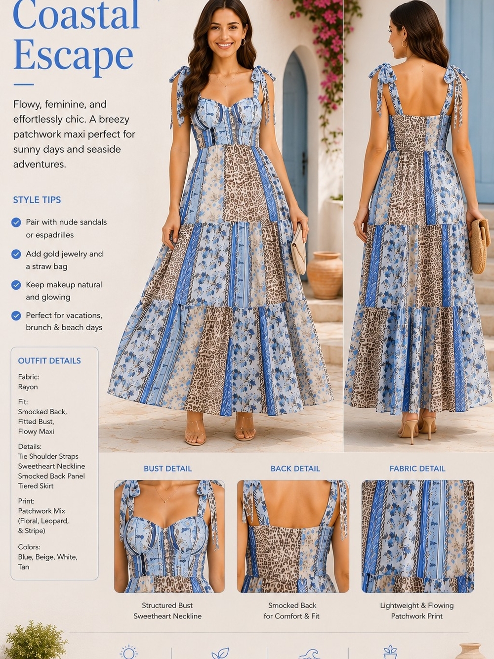 Coastal Escape Blue Patchwork Maxi Dress